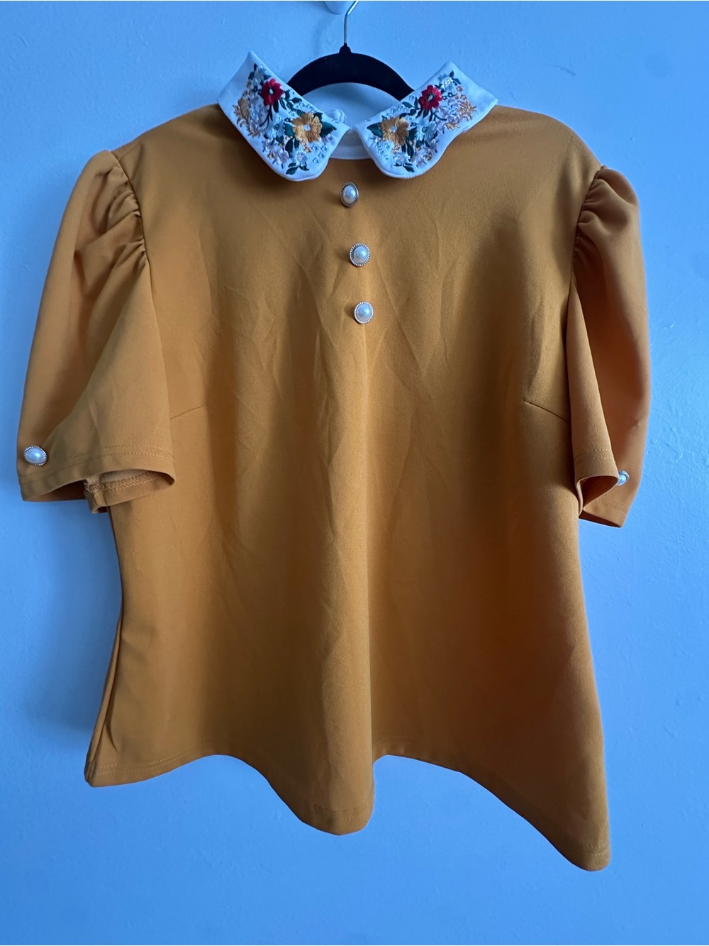 Embroidered Peter Pan Collar Mustard Top